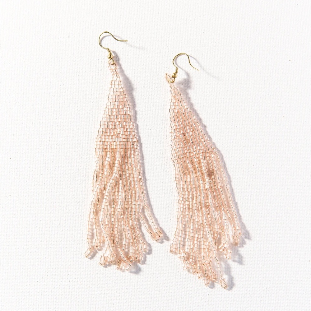 Iridescent Blush Long Fringe Beaded Earring